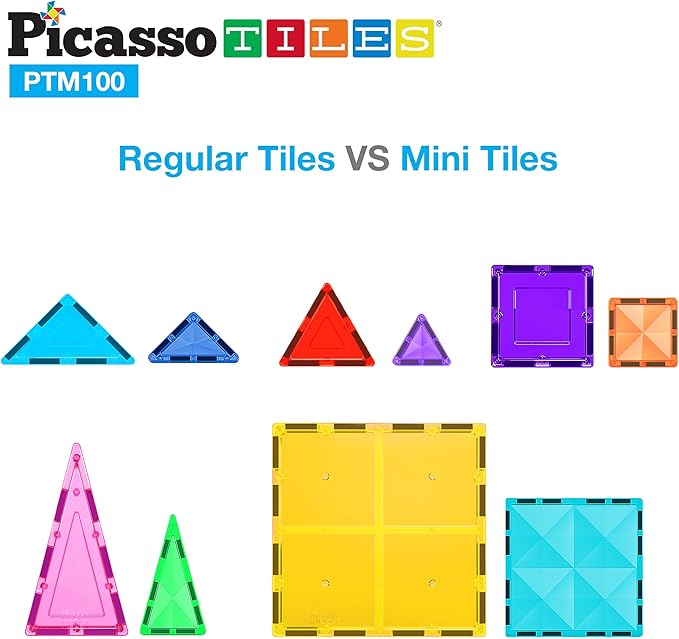 PicassoTiles 100pc Magnetic Tile Mini Diamond Set Travel Size STEM Educational Building Kit for Toddlers Preschool Boys Girls Age 3 Plus Montessori Indoor Learning Toy for Creative Development PTM100