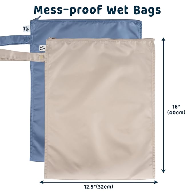 Tiny Twinkle Mess-Proof Waterproof Wet Dry Bag | 2-Pack Reusable Wet Bags for Swimsuits & Baby Clothes | Leakproof Wet Bag for Travel & Diaper Changes for Baby (Periwinkle, Pebble)