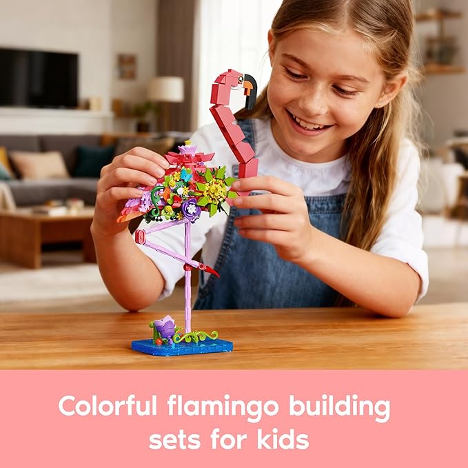 Pink Flamingo Flower Bouquet Building Set, Compatible with Lego Animal Botanical Collection – Creative Flamingo & Flower with Posable Neck and Legs, Home Decor Toy for Adult, Kids, & Flower Lovers