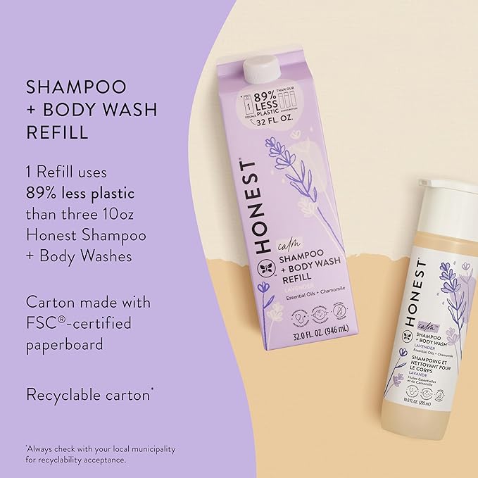 The Honest Company 2-in-1 Cleansing Shampoo Body Wash Refill Carton Gentle for Baby Naturally Derived Tear-free Hypoallergenic Lavender Calm 32 fl oz