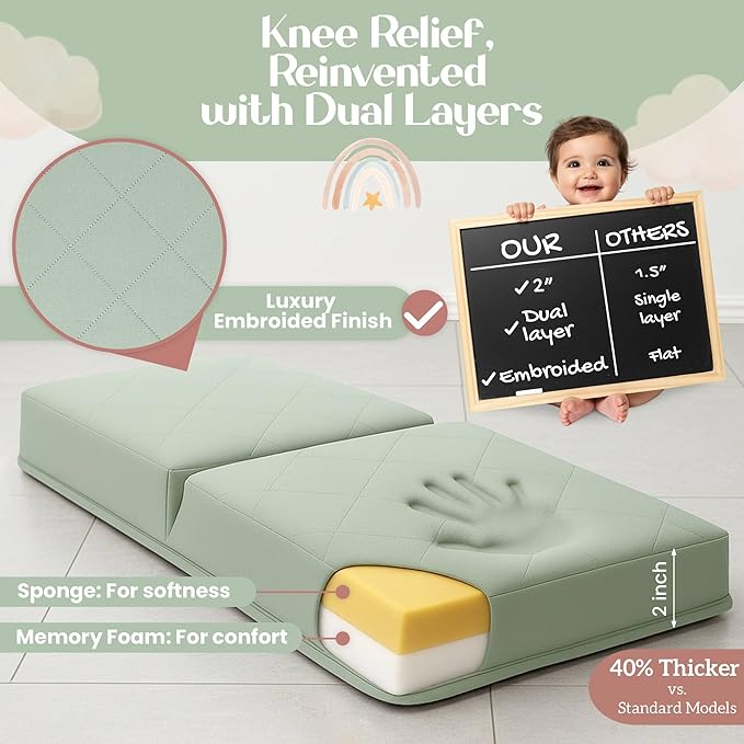 Bornealand® 2" Extra Thick Baby Bath Kneeler and Elbow Rest Pad Set + Hooded Towel - Embroidered Kneeling Pad for Bathing Baby - Dual-Layer Memory Foam Bathtub Kneeler and Elbow Rest Set