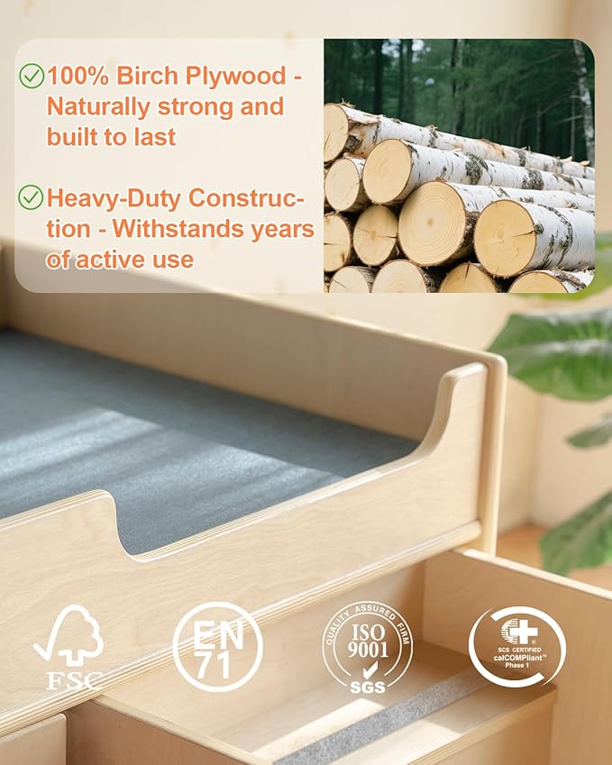 Wooden Baby Changing Table with Stairs & Storage, 100% Birch Plywood Toddler Diaper Changing Station with Tissue Holder, Montessori Furniture for Daycare, Nursery, Home, School