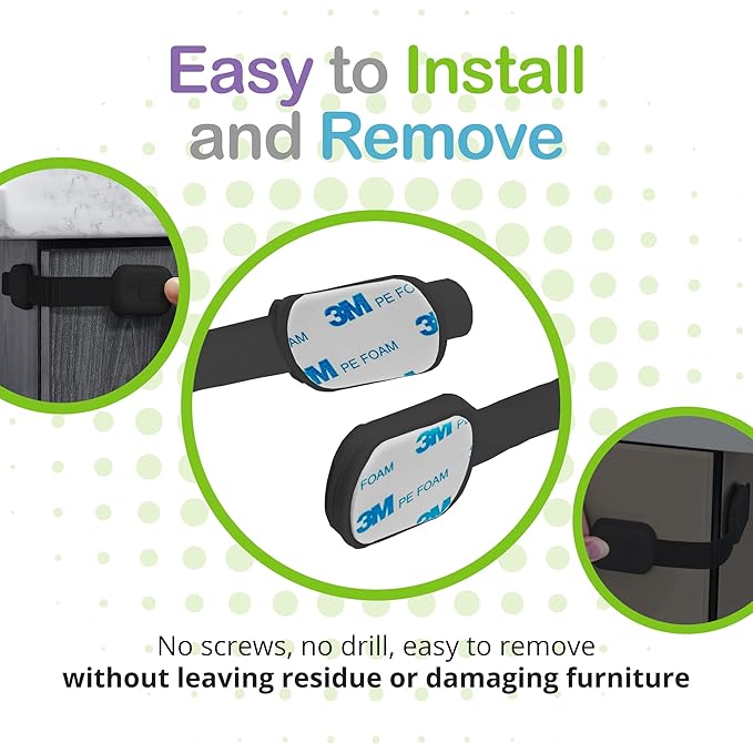 Adjustable & Reusable Child Safety Cabinet Locks & Latches, Baby Proofing Door Window, Cabinet, Toilet, & Refrigerator Lock, Child Safety Strap Locks with Adhesive Pads, Pack of 6, Black - Wonderkid