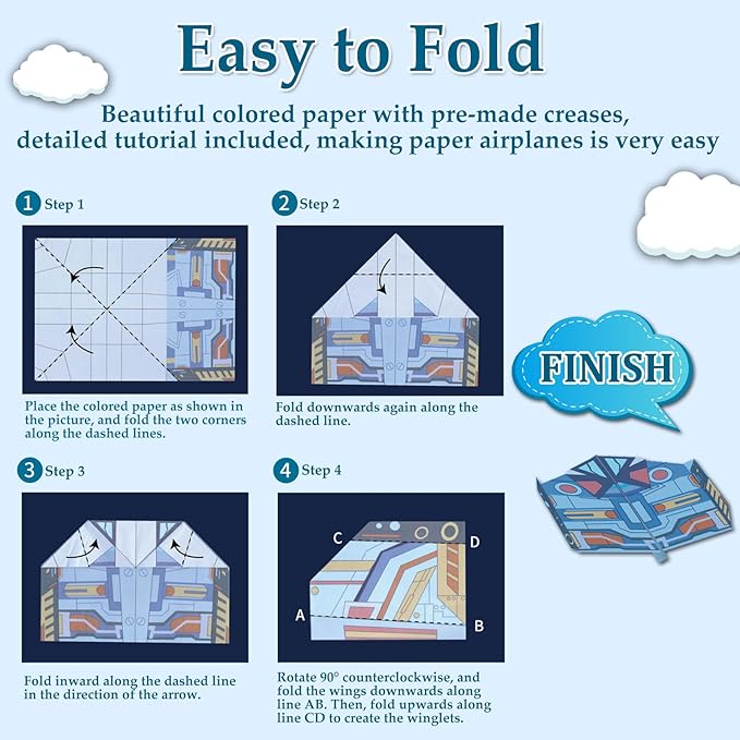 Paper Airplane Kits with 16 Classic Designs, 32 Sheets of Colorful Origami Paper, World Record Paper Planes, Airplane Gifts for Boys and Girls Ages 6-12+ (Digital Manual Only, Fun and Easy to Fold)