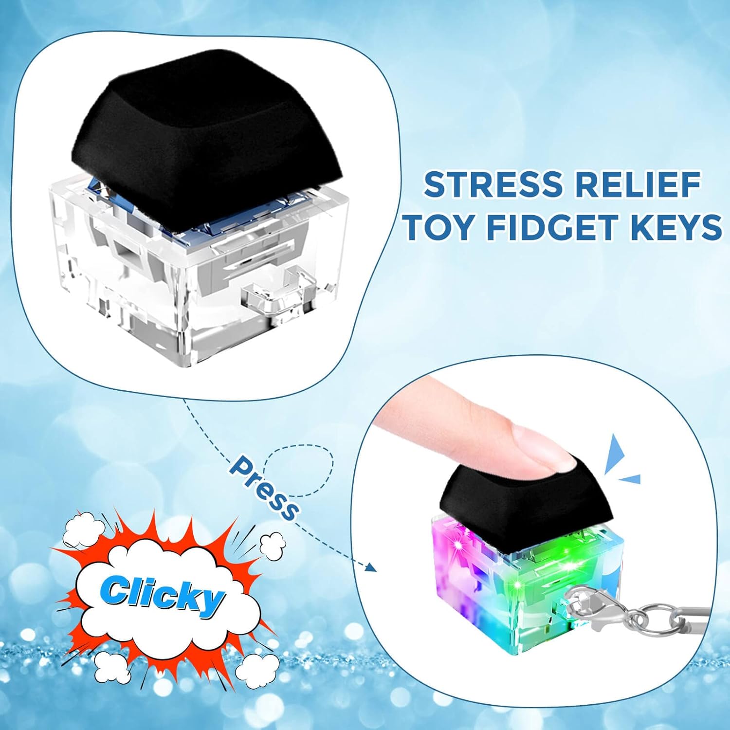 Keyboard Fidget Toys, Keyboard Fidget Keychain Keyboard Decompression Toys Keyboard Fidget Toy Button Stress Relief Gifts for Adult and Kids,Finger Clicker Toys,ADHD Toy,Cool Fidgets(LED Light-Black)