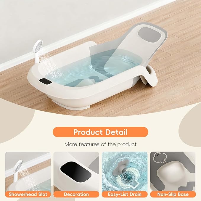Baby Bathtub for Newborn to Toddler, Reclining Newborn Bathtub, Adjustable Baby Tub with Bath Kneeler Pad & Clean Rinse Cup, 0-36 Months (Gray)