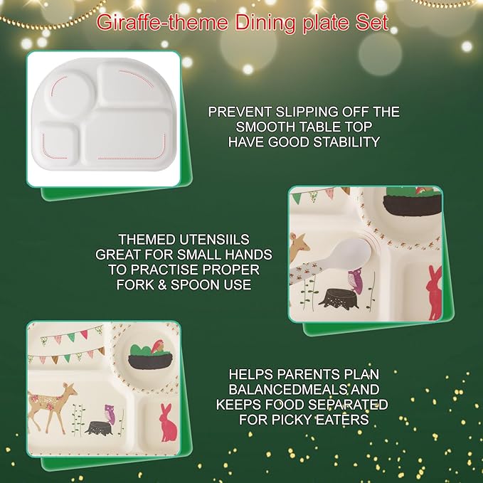 Kids Feeding Set 5 Pcs, Tableware Set for Toddlers Includes Plate Bowl Cup Fork and Spoon Utensil Flatware, Kids Flatware Set Dishwasher Safe, BPA Free (Giraffe)