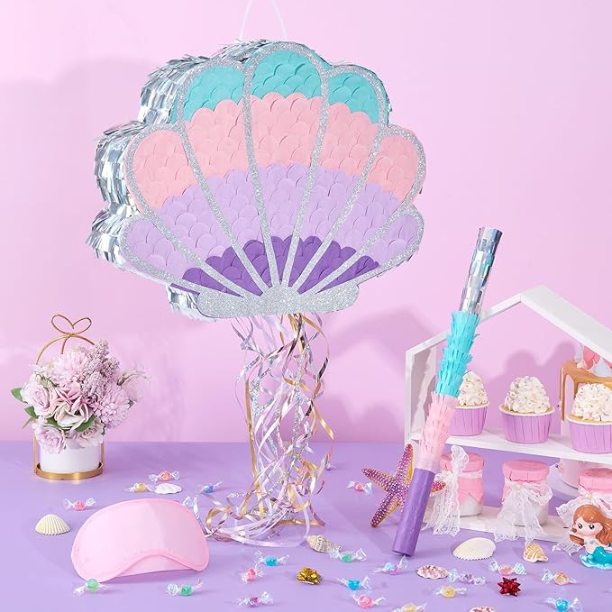 Wernnsai Mermaid Seashell Piñata - Pink Shellfish Pinatas for Kids Girls Birthday Mermaid Princess Party Decorations Under The Sea Ocean Theme Party Games With Bat Blindfold 16“ x 12.5" x 3"