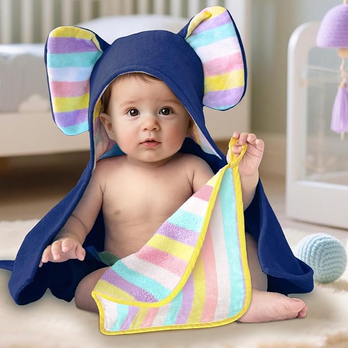 VOOVA & MOVAS Thick Baby Hooded Bath Towel - 100% Cotton,500GSM, 33x31.5 Inches,0-2Years, Super Absorbent Large Towel with Cute Elephant Ears Hood for Newborn, Baby, Infant, Navy