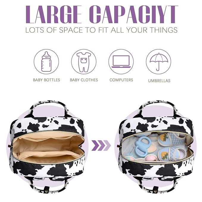Tuwubi Diaper Bag Backpack, Baby Essentials Travel Tote Bag, Multi function Waterproof Backpacks, Travel Essentials with Stroller Straps & Pacifier Case - Cow Print