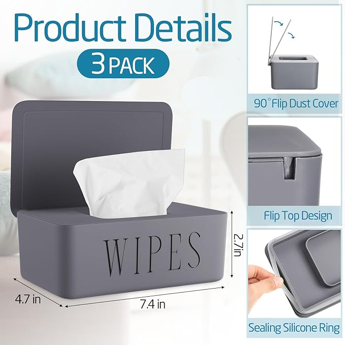 3 Pack Baby Wipes Dispenser Holder Wipe Container for Bathroom with Lid Toilet Tissue Paper Storage Refillable Box for Home Office Cars(Small,Black, White, Gray)