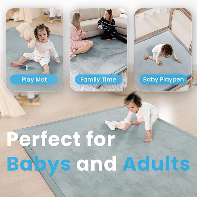1.3" Thick Baby Play Mat for Floor Playpen, 50x50 Foam Tummy Time Mat, Padded Support Soft Plush Nursery Rug for Infant Kids Toddler Crawling Kick Activity (Light Grey)