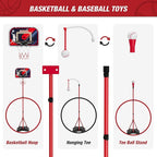 4 in 1 Kids Basketball Hoop and Tball Set for Toddlers 3-5, Basketball Goal with Scoreboard & LED, Hanging Tee Ball Stand with Baseball Pitching Machine, Indoor Outdoor Sport Toys for Boys 4-8
