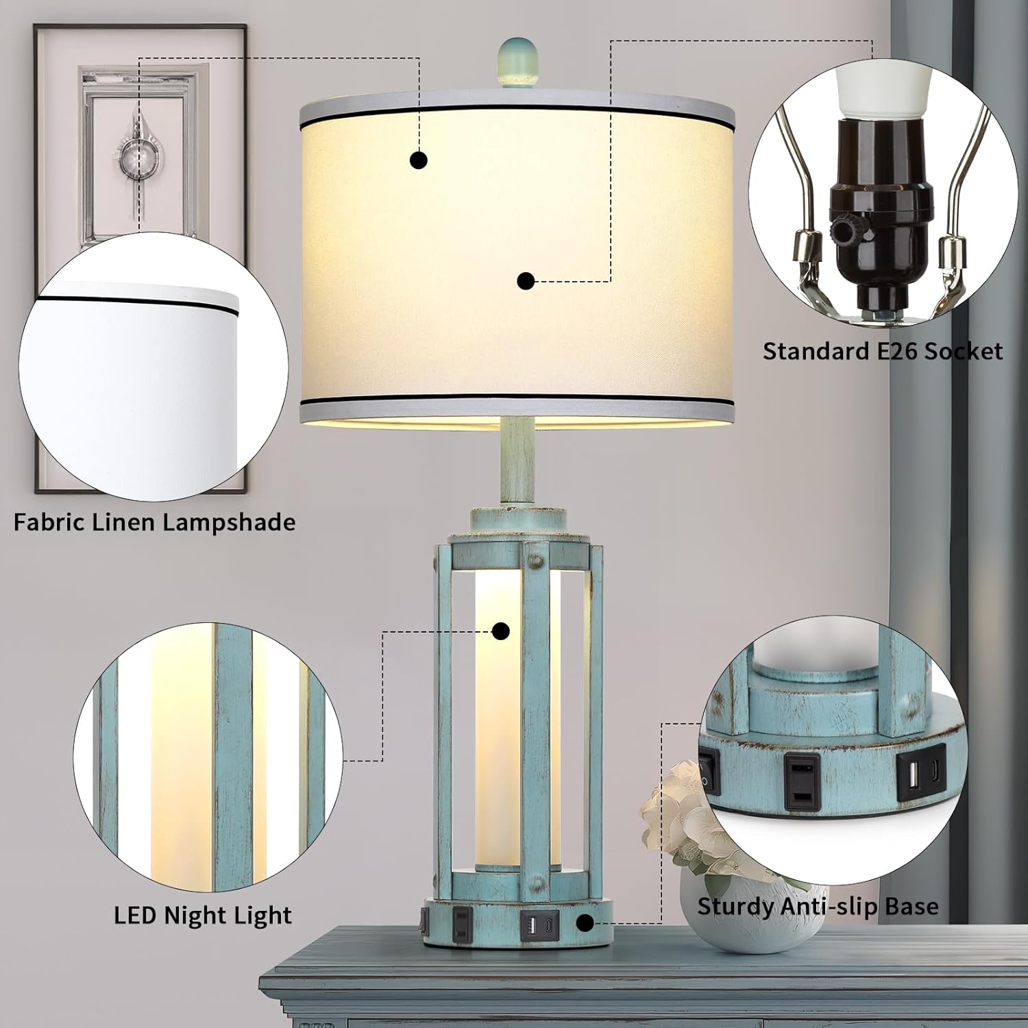 Industrial Farmhouse Table Lamp, 26" Vintage Rustic Beside Lamp with USB A+C Charging Ports & AC Outlet, Nightstand Metal Lamp with LED Night Light & Fabric Shade for Living Room Bedrooms Blue