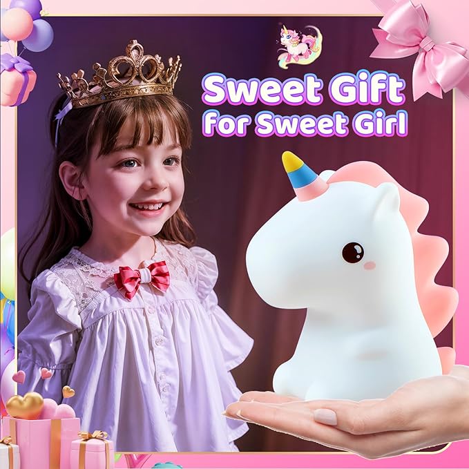 ONEFIRE Unicorn Night Light for Kids,【Cute Gifts&Remote】 16 Colors Cute Night Light,5 Lightness & Last 10H Nightlight for Kids Room,Soft Lamp