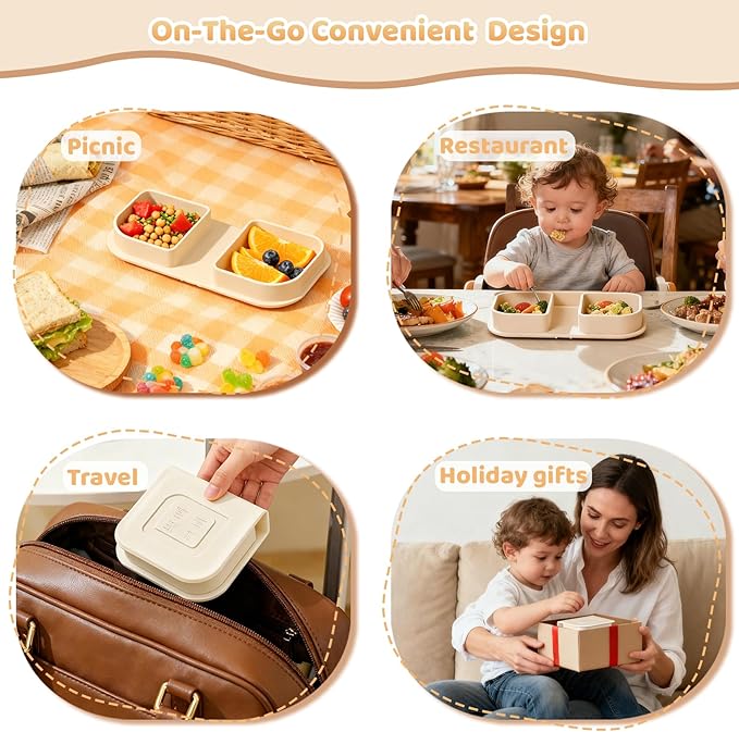 Traval Silicone Foldable Feeding Set, On-the-Go Baby Feeding Supplies Including Toddler Plates, Silicone Baby Spoon&Fork, Adjustable Foldable Bib, Portable Infant Toddler Utensils, Beige