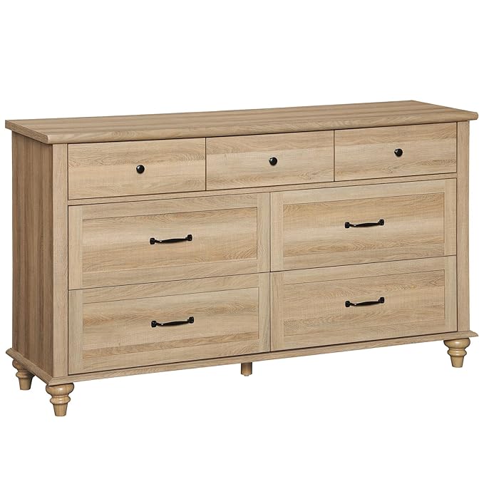 WAMPAT Wide Kids Dresser with 7 Drawers for Bedroom, Farmhouse Baby Dresser for Nursery & Kids Room, Wooden Chests & Dressers Closet Organizer for Children's Bedroom, 54 Inch, Oak