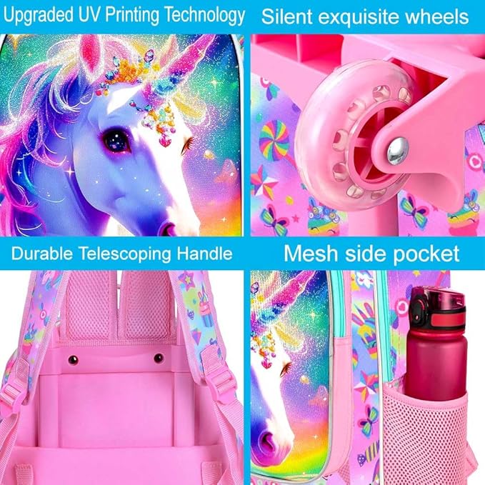 gxtvo Girls Rolling Backpack, Cute Unicorn Roller Wheels Kids Bookbag - Wheeled Elementary School Bag - 3PCS Unicorn