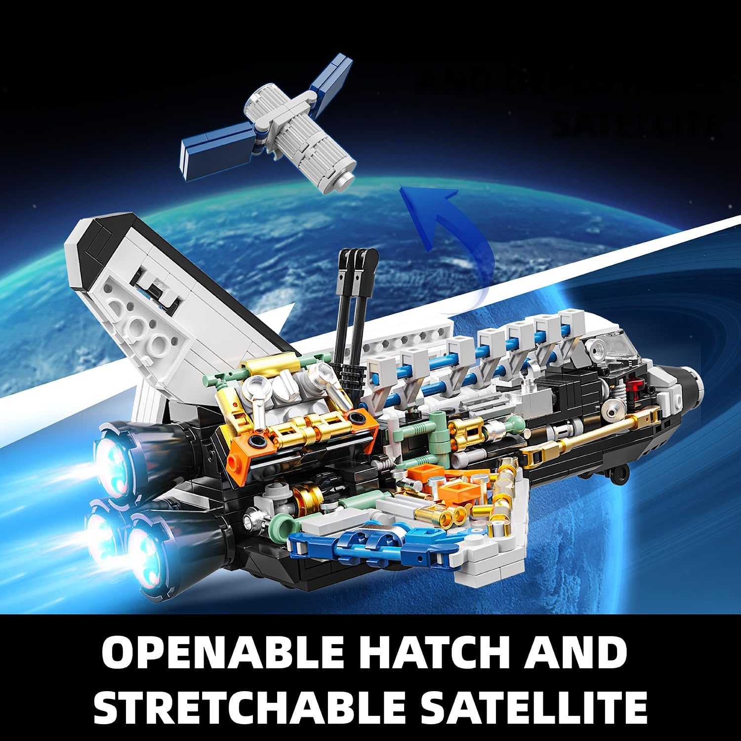 Space Shuttle Building Block Set -Spaceship Building Toy with Stretchable Satellite, Translucent Design Collection for Home or Office Decor, Birthday Gift for Adults & Boys 8-12 (536PCS)