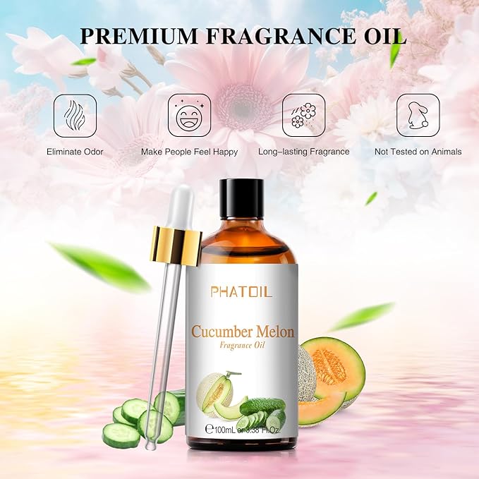 PHATOIL 3.38FL.OZ Cucumber Melon Fragrance Oils for Aromatherapy, Essential Oils for Diffusers for Home, Perfect for Diffuser, Yoga, Skin Care, DIY Candle and Soap Making - 100ml