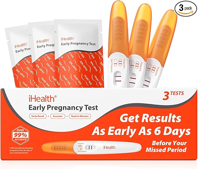iHealth Pregnancy Test 3-Pack, Early Detection Ultra-Sensitive Results 6 Days Before Missed Period, Over 99% Accurate. Easy at-Home Fertility HCG Test Kit, Individually Wrapped, Pruebas de embarazo