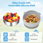 2 Pack Stainless Steel Baby Bowls with Suction, Toddler Bowls with Removable Silicone Shell for Kids, Non-Slip Toddler Baby Feeding Set Dishwasher Safe-Gray & Blue