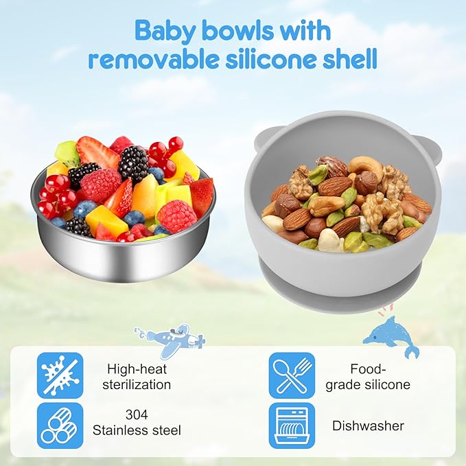 2 Pack Stainless Steel Baby Bowls with Suction, Toddler Bowls with Removable Silicone Shell for Kids, Non-Slip Toddler Baby Feeding Set Dishwasher Safe-Gray & Blue