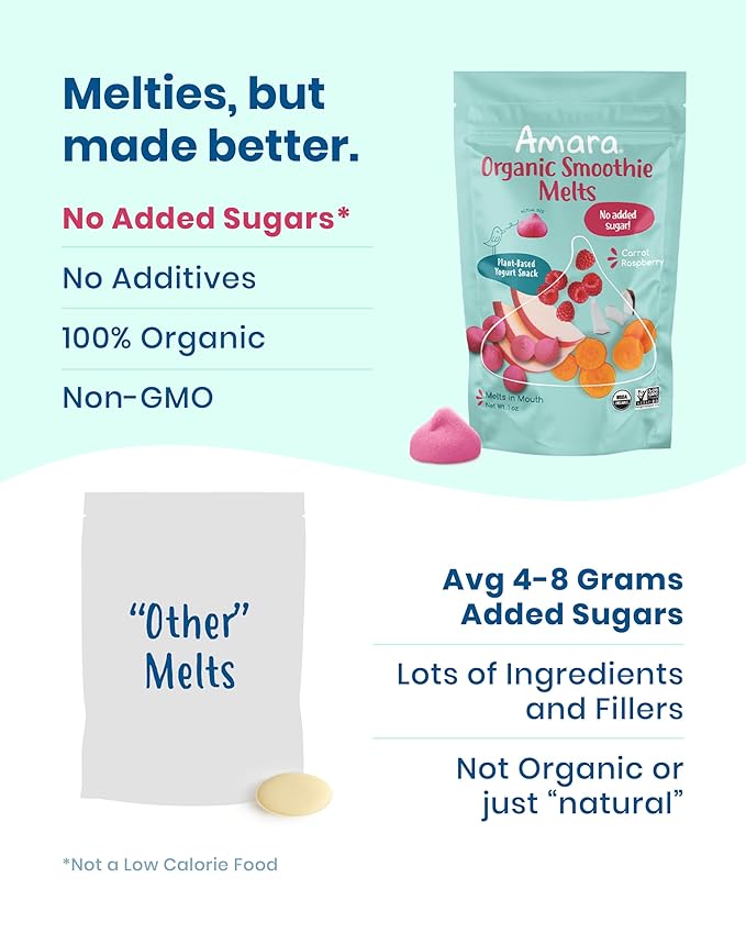Amara Smoothie Melts - Carrot Raspberry - Baby Snacks Made With Fruits and Vegetables - Healthy Toddler Snacks For Your Kids Lunch Box - Organic Plant Based Yogurt Melts - 6 Resealable Bags