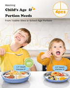 Stainless Steel Toddler Suction Plate with Lid, Deepened 9" Divided Plates with Removable Silicone Sleeves for Kids, Non Toxic Unbreakable Snack Dishes Set of 4, Sage Blue Gray Navy