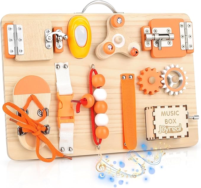 Joyreal Wooden Busy Board for Toddlers - Montessori Sensory Activity Board for Fine Motor Skills, Educational Travel Sensory Toys for Children Toddlers & Kids