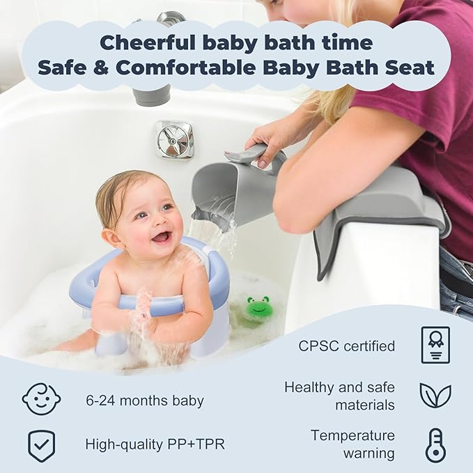 Baby Bath Seat-for Babies 6 Months & up with Temperature Alert+Soft Cushion+Suction,Toddler Bath Seat for Baby, Sitting Up with Baby Bathtub Seat, Blue
