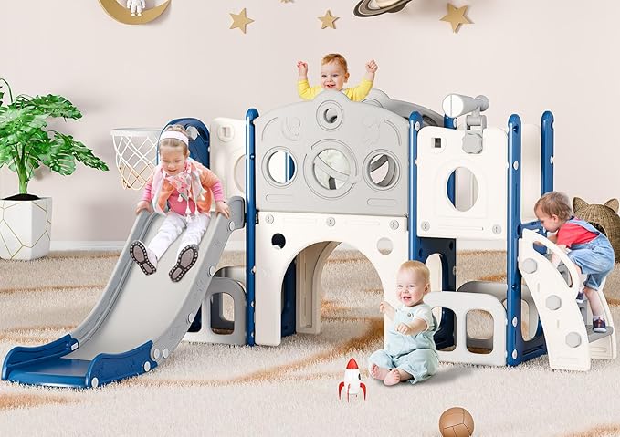 Babytronic Toddler Slide Set, 8 in 1 Kids Slide, Indoor Outdoor Slide for Toddlers Age 1-3, Toddler Playset with Basketball Hoop and Tunnel, Toddler Indoor Outdoor Playground, Blue&Grey