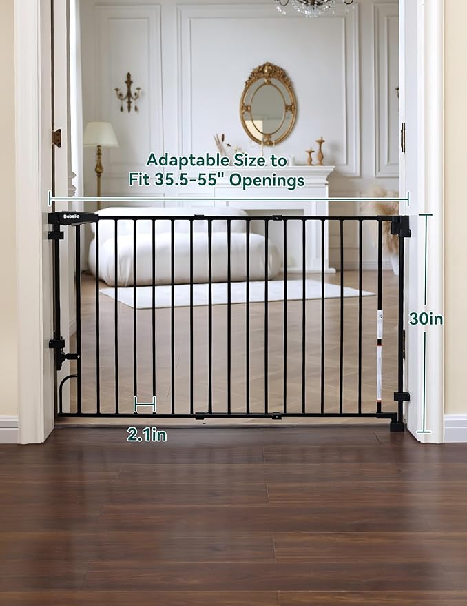 Babelio Easy to Remove & No Bottom Bar Baby Gate, 35.5-55" Extra Wide Hardware Mounted (Drill Needed)| Wide Walk-Thru| Auto-Close Safety Dog/Pet Gate for Stairs & Doorways (Black, 35.5-55" W, 30" H)