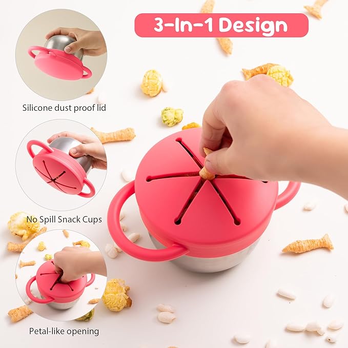 1 Pack Snack Containers for Toddlers, Stainless Steel Toddler Snack Cups with Silicone Food Catcher & Lids,Snack Cups for toddlers Spill Proof