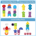 3 in 1 Montessori Wooden Beads Sequencing Toy Set - Color Sorting Stacking Geometric Shape Matching Game Beads Sequencing Toy Lacing Beads Stem Fine Motor Skills for Toddlers