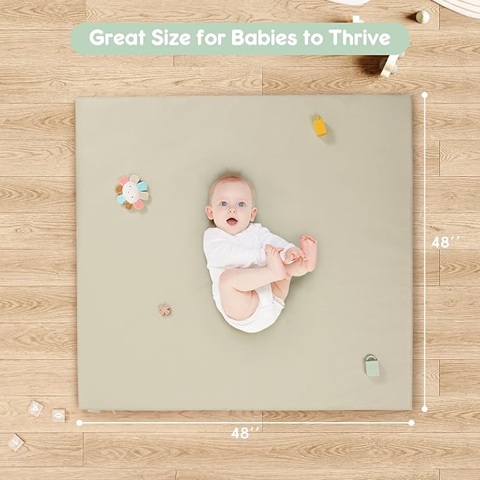 Padded Baby Play Mat, Super Soft Vegan Leather Baby Floor Play Mat, 48x48 Non-Slip Thick Foam Cushioned Play Mat for Babies 6-12 Months, Fits Nicely Into 50x50 Playpen Mat, Grayish Green
