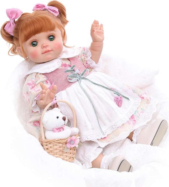 Baby Doll, 18 Inch Realistic Reborn Toddler Real Life Baby Dolls with Vintage Floral Dress, Little Bear & Woven Basket, Premium Collectible Doll Gifts for 3+ Year Old Girls