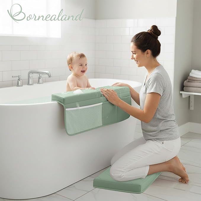 Bornealand® 2" Extra Thick Baby Bath Kneeler and Elbow Rest Pad Set + Hooded Towel - Embroidered Kneeling Pad for Bathing Baby - Dual-Layer Memory Foam Bathtub Kneeler and Elbow Rest Set