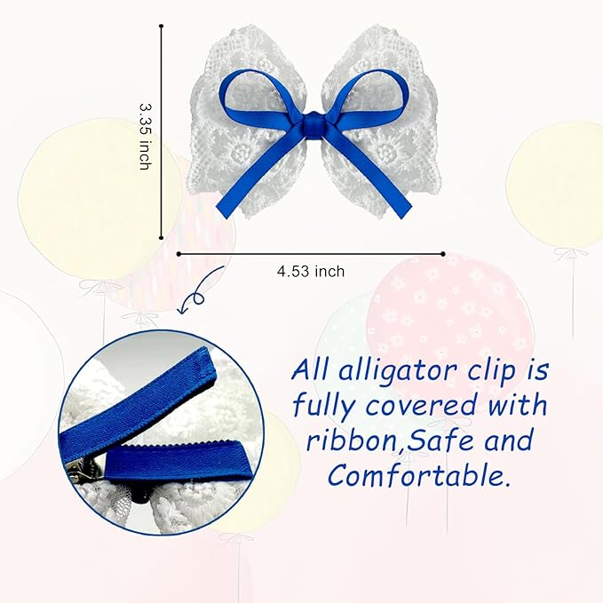 2pcs Blue Hair Bows for Girls, White Lace Bow with Blue Ribbon, Alligator Bow Hair Clips, Handmade Hair Accessories for little Girls
