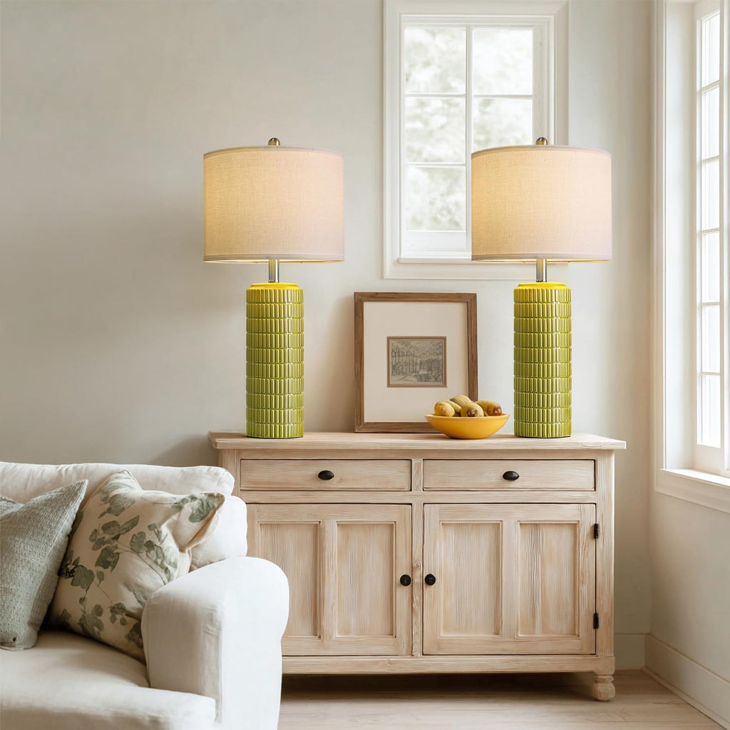 PoKat 27.5'' Tall Table Lamps for Living Room Set of 2, Mid Modern Century Ceramic Bedroom Lamps for Night Stands, Bedside Lamps for Bedroom, Nightstand Lamps for Side End Table Hallway, Green