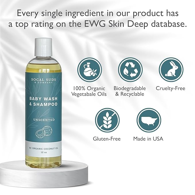 SoCal Suds & Company Baby Shampoo & Body Wash, 2-in-1 Organic Gel - Gentle Castile Soap with Vitamin-Infused Oils & Botanicals for Sensitive Skin & Body Hypoallergenic - 12oz Fragrance Free