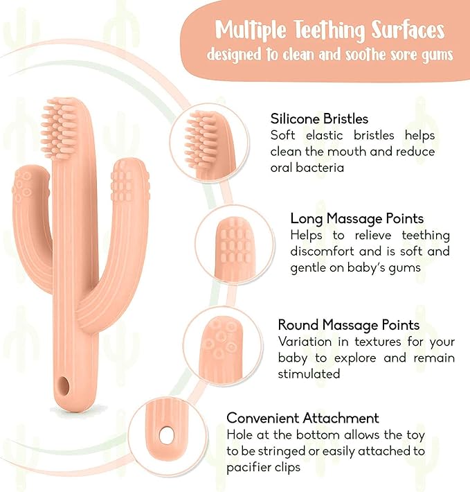 Cactus Teether, Baby Teething Toys for Babies, Self-Soothing Pain Relief Soft Baby Toothbrush for Babies, Toddlers, Infants, Boy and Girl, Natural Organic BPA Free(Peachy)