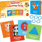 Toddler Spanish Learning Flash Cards, 60 PCS Double Sides Bilingual Flashcards for Numbers, Colors, Shapes, Sight Words, Learn Spanish for Kids, Preschool Kindergarten Learning Activities