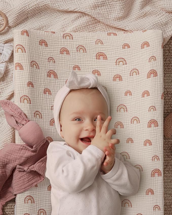 Blissful Diary Muslin Changing Pad Cover for Girls Boys, Ultra Soft Breathable Cotton, Baby Diaper Change Table Pad Covers, 2Pack (Dusty Pink&Rainbow)