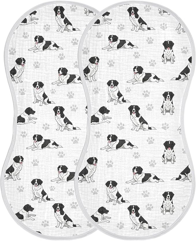 2 Pack Muslin Burp Cloths Collie Dogs Cute White Cotton Baby Burp Cloths Ultra Absorbent Soft Burping Cloth Washcloths for Baby Boys Girls 22x11 Inch
