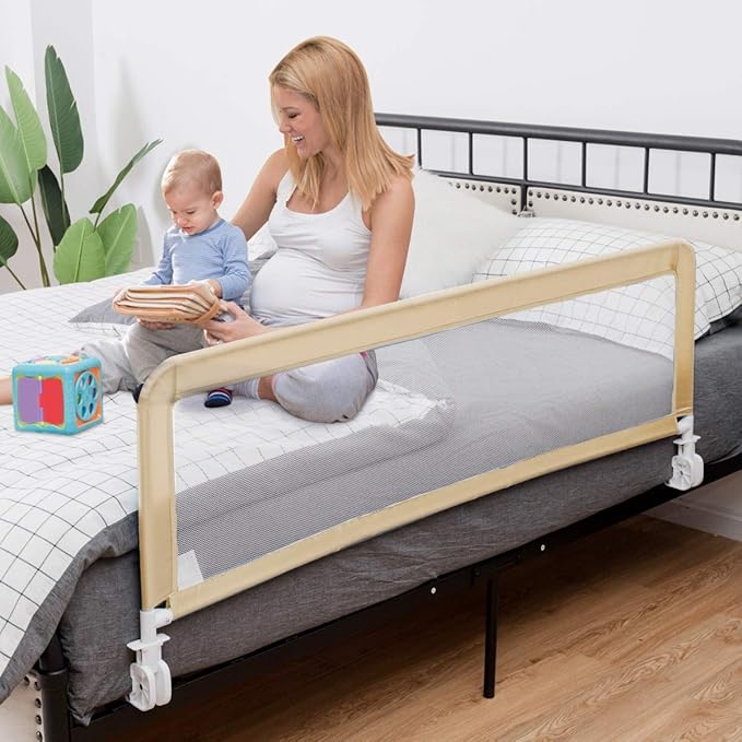 Costzon Bed Rail for Toddlers, 2 PCS Extra Long Swing Down Safety Bed Guards w/Straps for Convertible Crib, Kids Twin, Double, Full Size, Queen & King Bed, Folding Bed Rails for Baby (59-Inch, Beige)