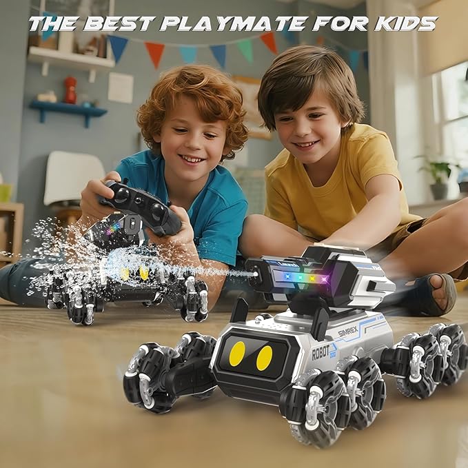 Robot Dog RC Stunt Car Toys - Gesture Sensing Remote Control car with Mecanum Wheels, LED Eyes, 3 Sound Effects,Water-Shooting Turret & RGB Lights,Birthday Gift for Kids Boys Girls