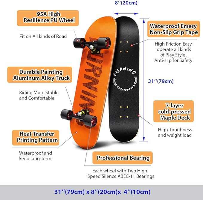 Easy_Way Complete Skateboards- Standard Skateboards for Beginners Kids Boys Girls Teenager- 31''x 8''Canadian Maple Cruiser Pro Skate Board, Skateboards