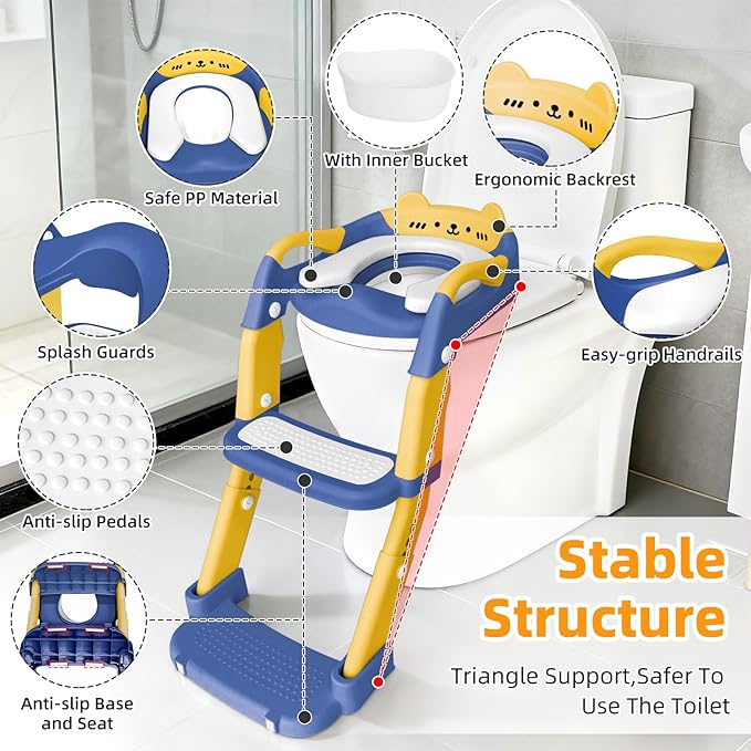 Potty Training Seat, Upgrade Toddler Toilet Seat for Kids Boys Girls, 3 in 1 Potty Training Toilet with Step Stool Ladder-Non Slip Foldable (Blue+Yellow)