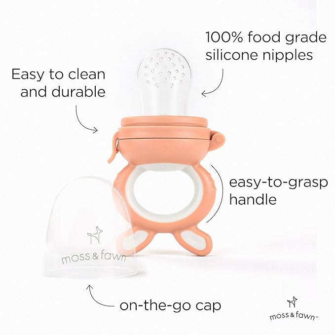 Moss and Fawn Little Explorer Kit - Silicone Frozen Breast Milk Popsicle Kit with Forage Feeder, Teething Popsicle Ice Cube Tray, & Gather & Roll Baby Feeding Bib - BPA, PVC, & Lead-Free - Bloom